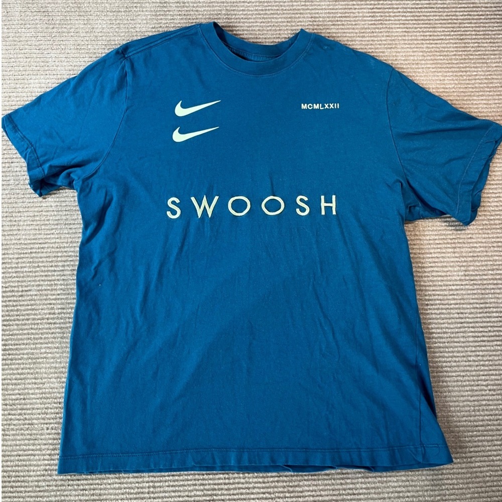 Nike Mens Swoosh Multi Logo Graphic Tee Teal Blue Size L Gym Activewear